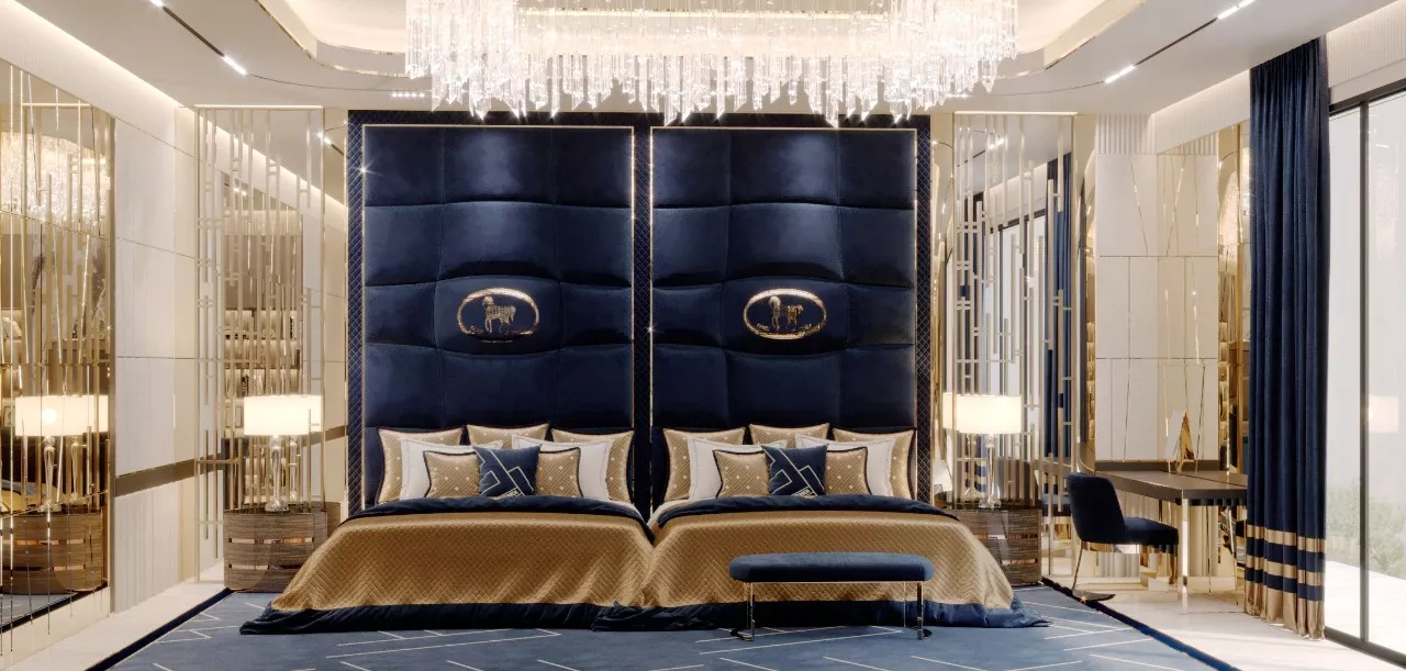 أفكار تصميم غرفة نوم كحلي وذهبي أنيقة