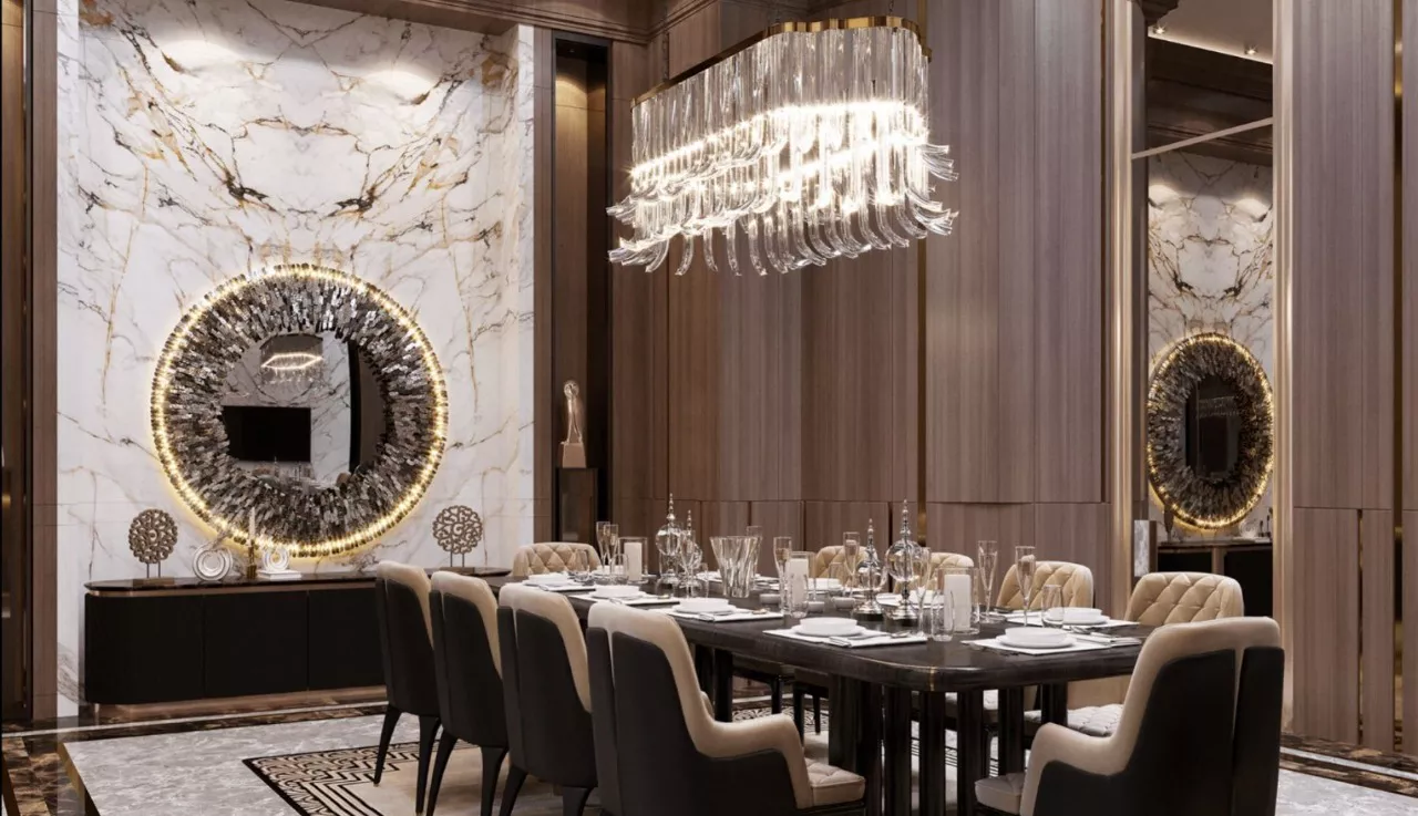 غرفة طعام بنية فاخرة — تصميم داخلي لتجربة مميزة