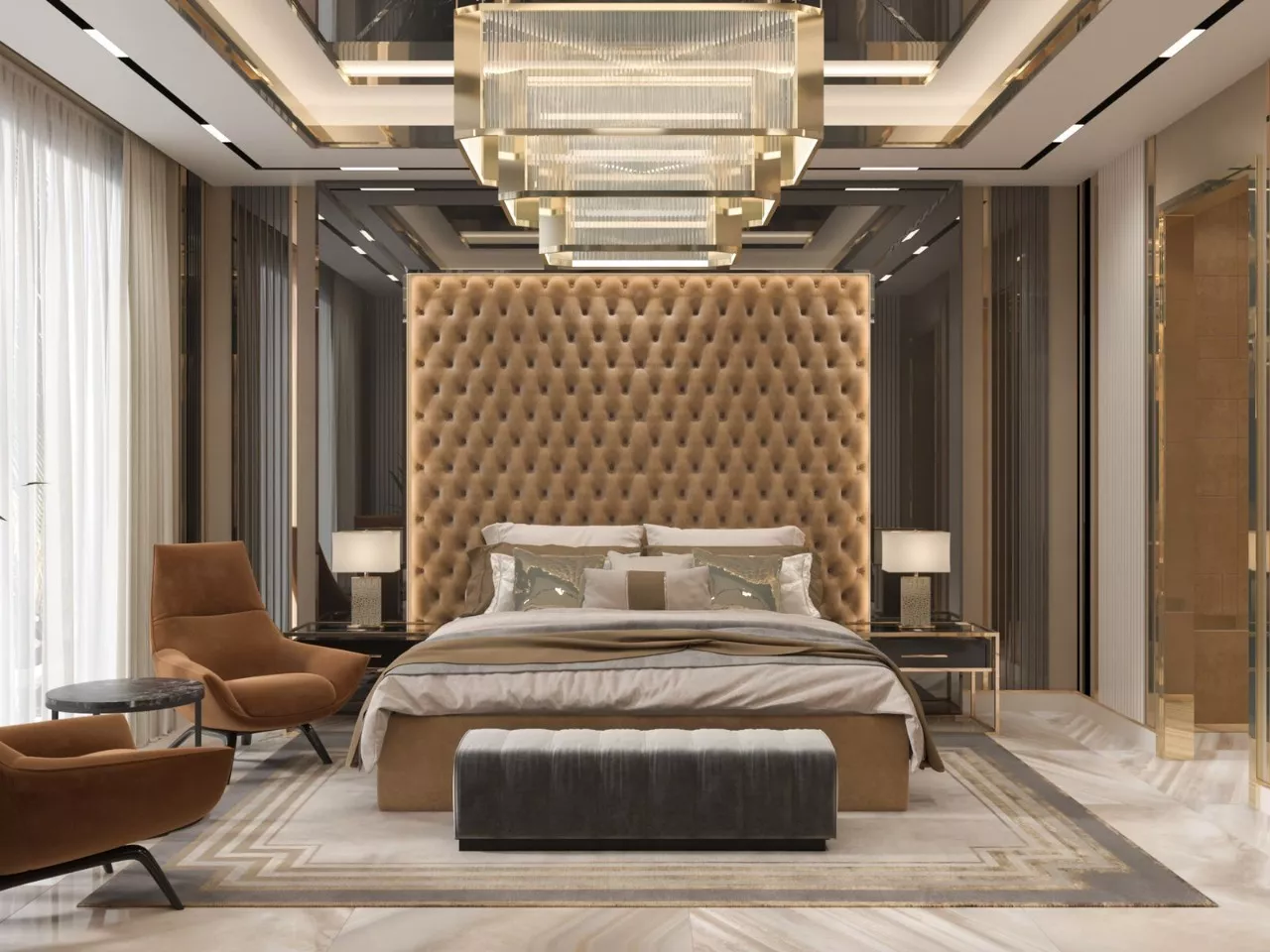 غرف نوم فاخرة بنية وذهبية — أفخم تصميم داخلي في دبي