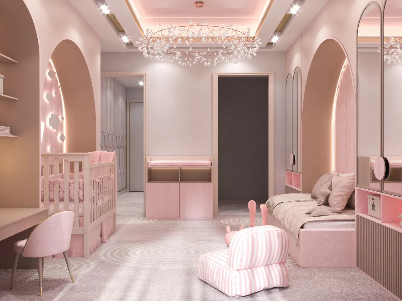 غرفة نوم وردية أنيقة لتصميم داخلي فاخر