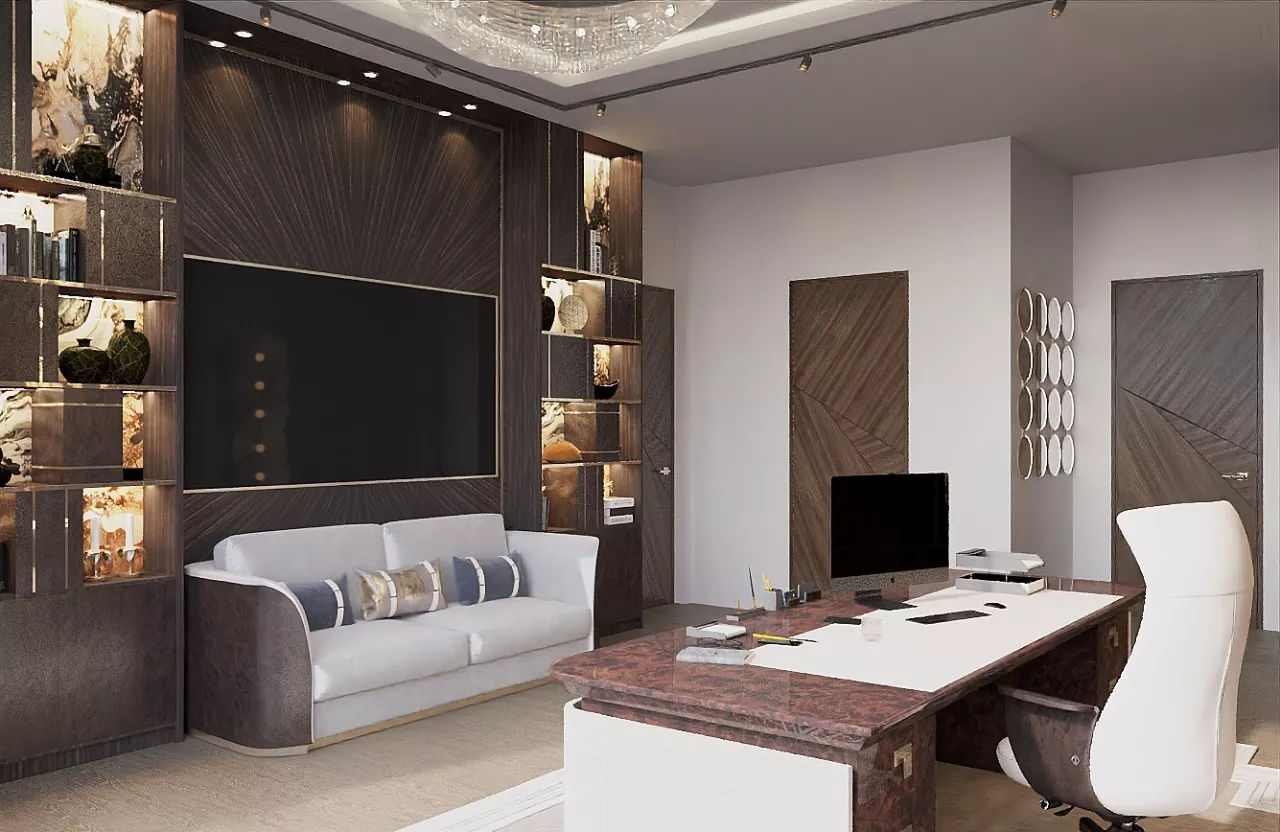 تصاميم داخلية لمكتب منزلي فاخر وتنفيذي