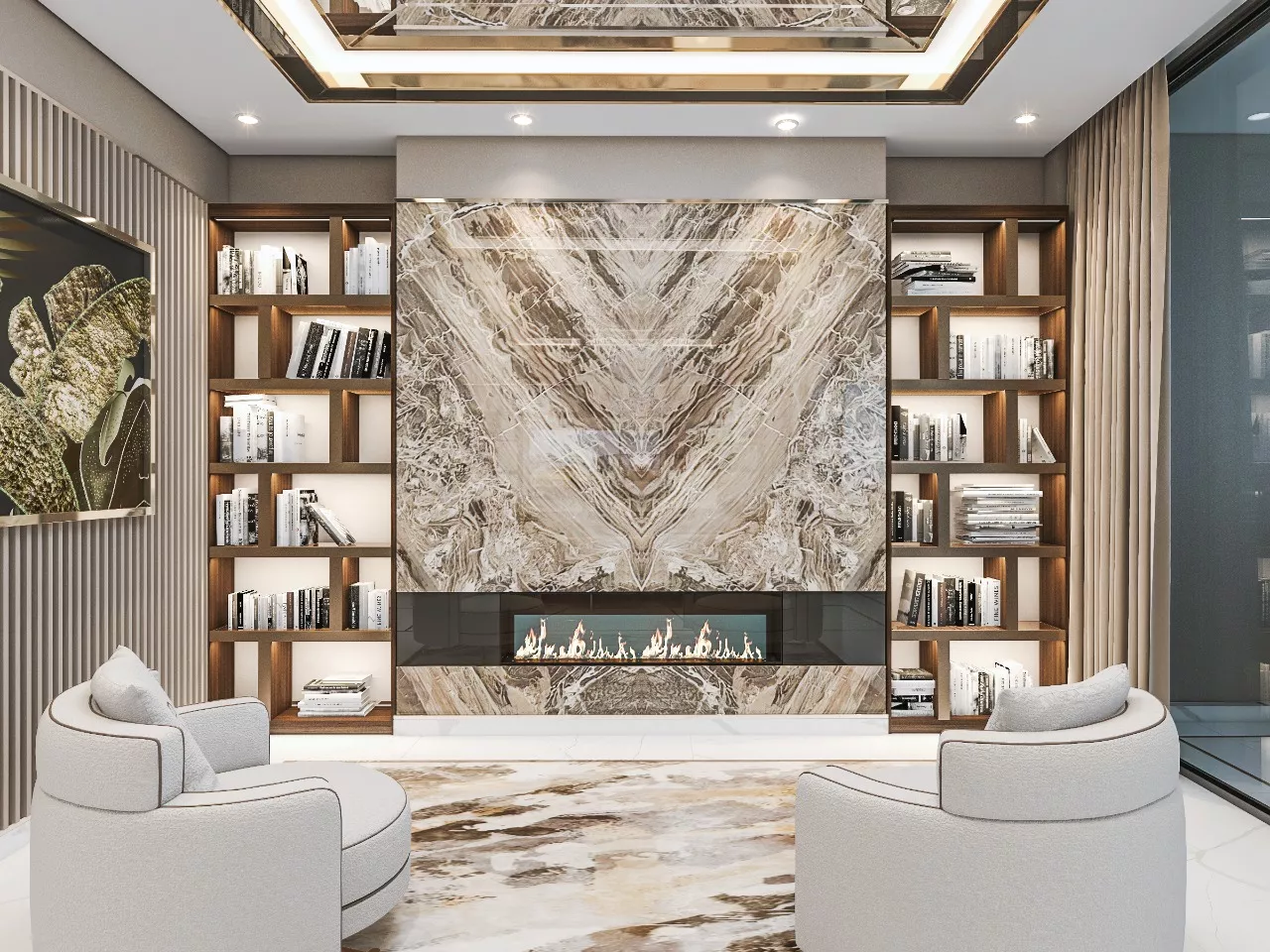 غرفة معيشة بيضاء أنيقة — تصميم داخلي فاخر في دبي