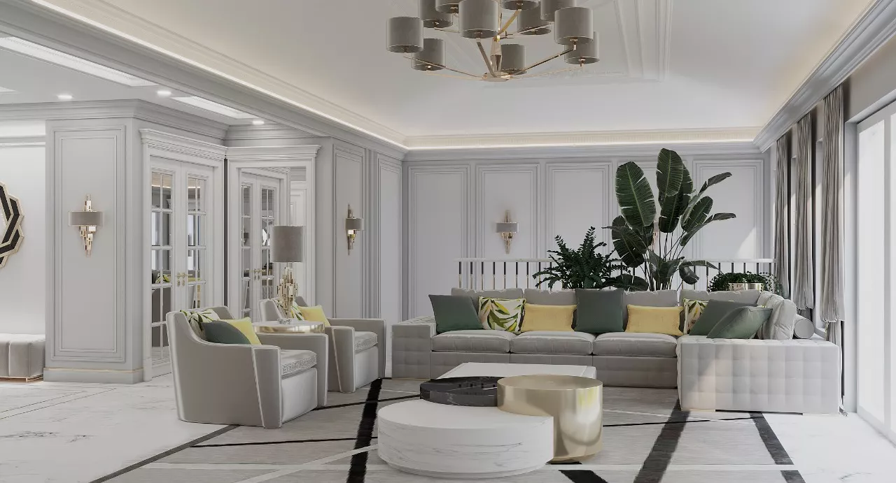 تصاميم غرف معيشة بيضاء فاخرة لمنازل دبي