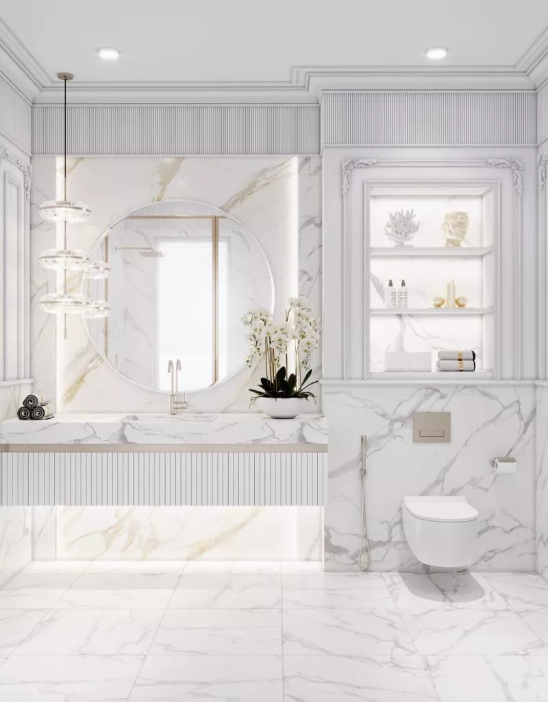 إتقان فن بلاط الرخام الفاخر لحمام عصري