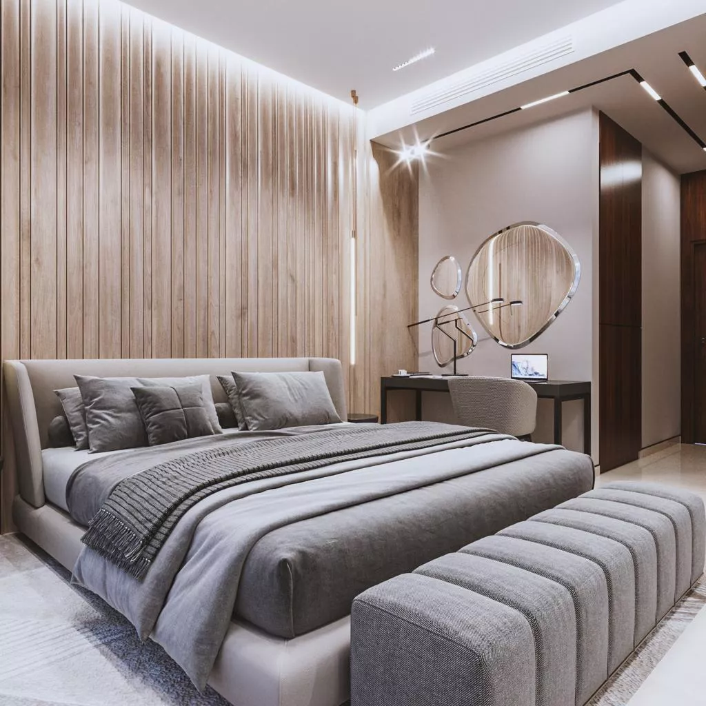 Silver-Gray Bed for Luxury Bedroom Interior Design