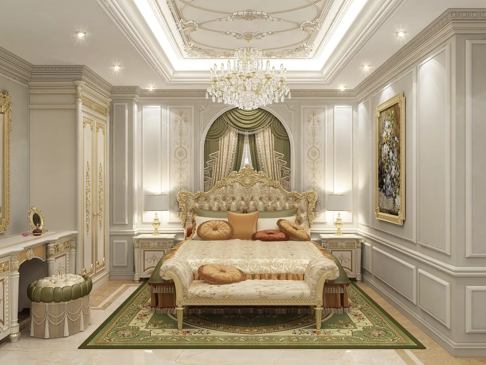 Green and Gold Bedroom Interior Design in Classic Theme