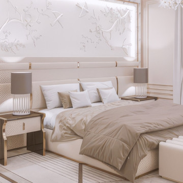 Spacious Luxury Bedroom Interior Design with a Sitting Area by Antonovich Group