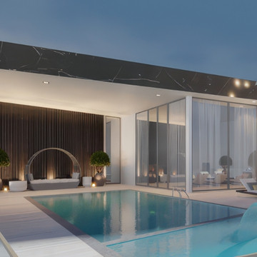 Luxurious Roof Deck Swimming Pool Design with a Sitting Area by Antonovich Group