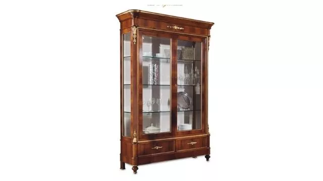 Luxury display cabinet Walnut 2 doors showcase with gold details